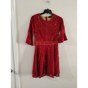 Missmay Retro Gorgeous City Red Floral Lace Bell Sleeve Fit and Flare Dress M